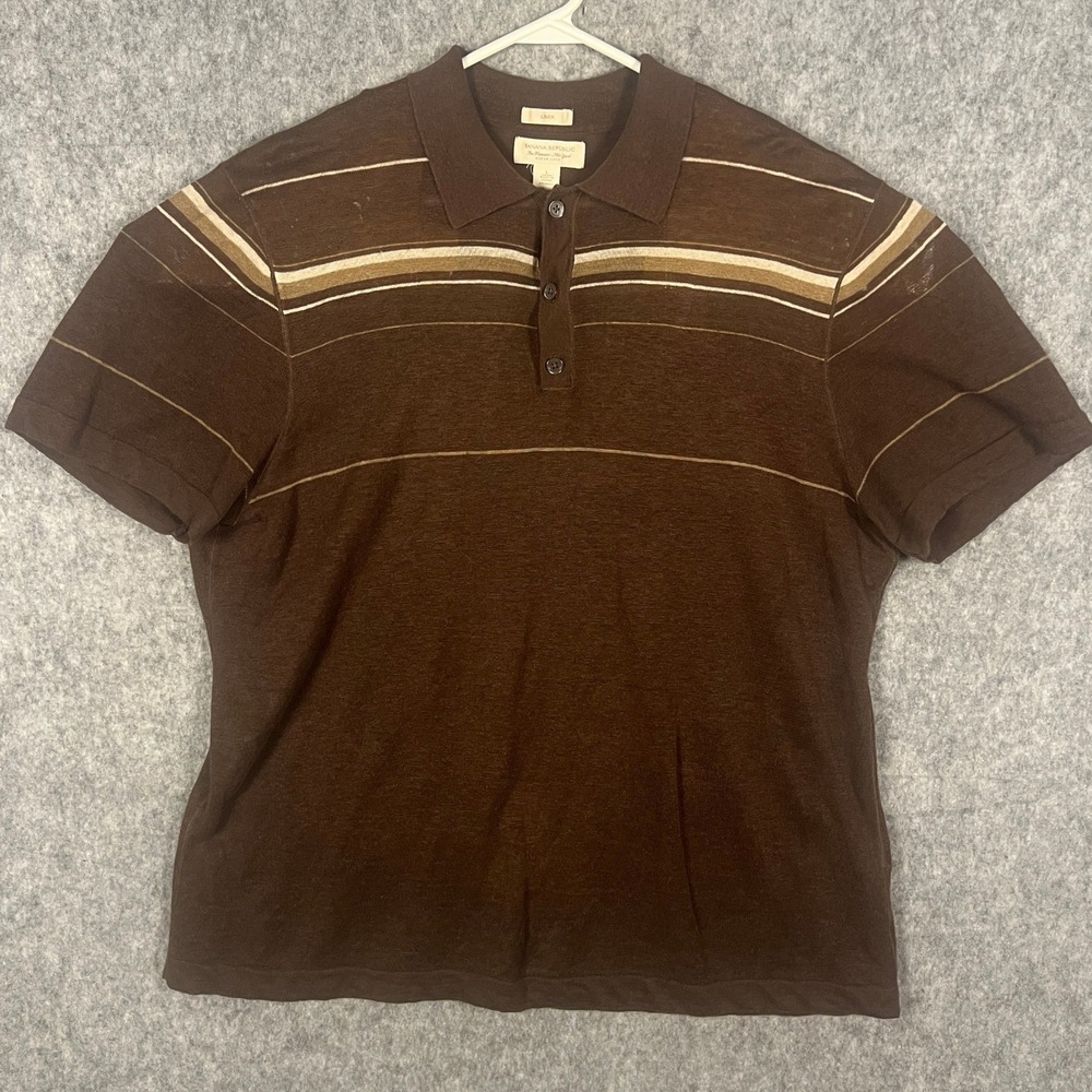 Banana Republic Men's Large Brown Striped Linen Knit Short Sleeve Polo Shirt